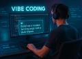 A developer using AI to generate code in a neon-lit workspace, with holographic prompts and code snippets illustrating the concept of Vibe Coding.
