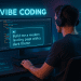 A developer using AI to generate code in a neon-lit workspace, with holographic prompts and code snippets illustrating the concept of Vibe Coding.