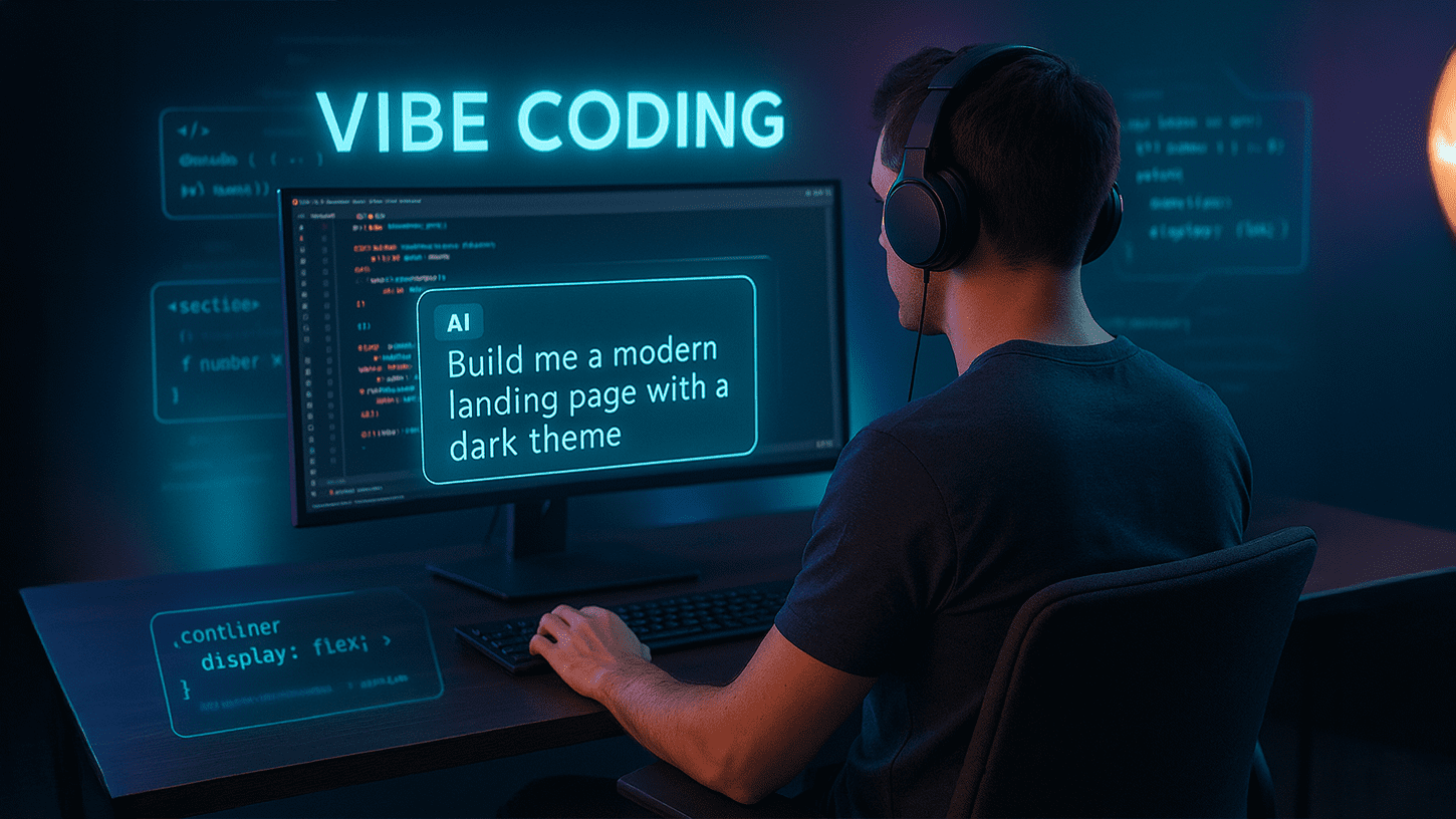 A developer using AI to generate code in a neon-lit workspace, with holographic prompts and code snippets illustrating the concept of Vibe Coding.