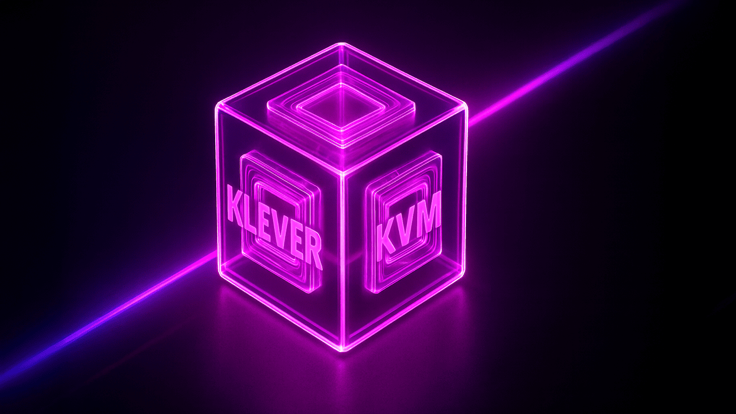 3D glowing glass cube with pink and purple neon lights, engraved with Klever on the left and KVM on the right.