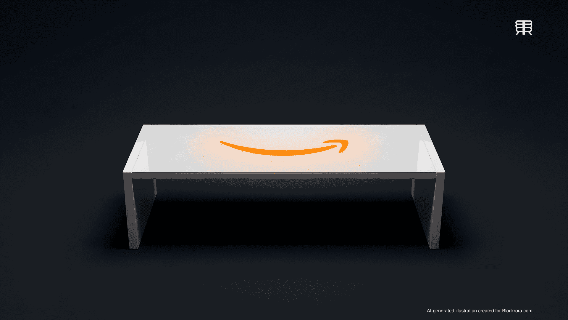 A sleek white smart table surface featuring a glowing orange Amazon smile logo surrounded by minimalist geometric etched patterns.