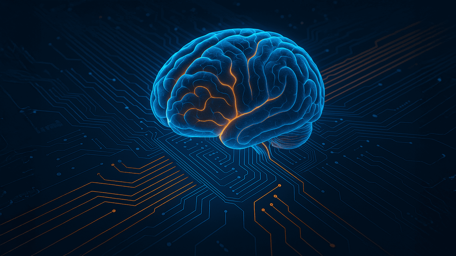 A detailed 3D visualization of a glowing human brain merging with electronic circuits, symbolizing the rise of wetware biocomputing and living computers.