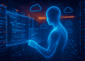 Futuristic AI agent generating code inside a neon-lit cloud data center, symbolizing AWS' push into autonomous AI coding tools.