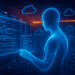 Futuristic AI agent generating code inside a neon-lit cloud data center, symbolizing AWS' push into autonomous AI coding tools.