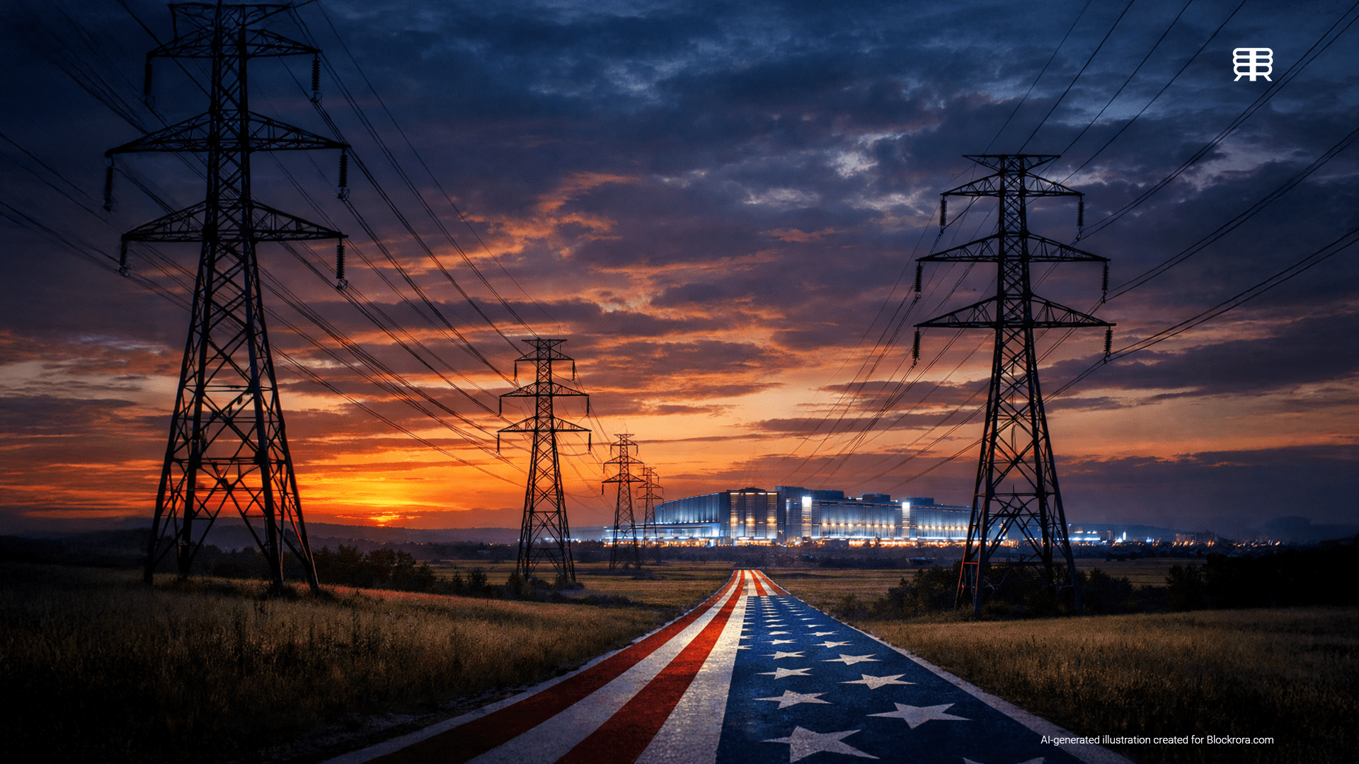 Photorealistic AI-generated image of high-voltage power transmission towers leading across a rural American landscape toward a brightly lit hyperscale data center at sunset, with a road styled as the American flag symbolizing national infrastructure and technological expansion.