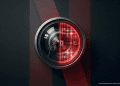 Minimalist cinema lens with a red digital grid overlay against a dark Netflix-branded background.