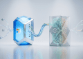 A minimalist 3D-style editorial image featuring the Microsoft and OpenAI logos housed in translucent, crystalline structures. The two entities are connected by glass-like conduits on a clean, neutral grey background, symbolising their evolving "open relationship" in the tech industry.