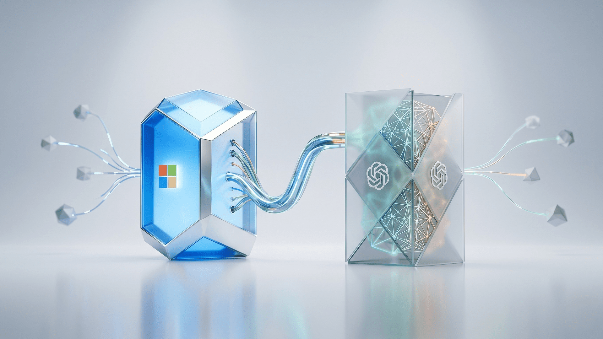 A minimalist 3D-style editorial image featuring the Microsoft and OpenAI logos housed in translucent, crystalline structures. The two entities are connected by glass-like conduits on a clean, neutral grey background, symbolising their evolving "open relationship" in the tech industry.
