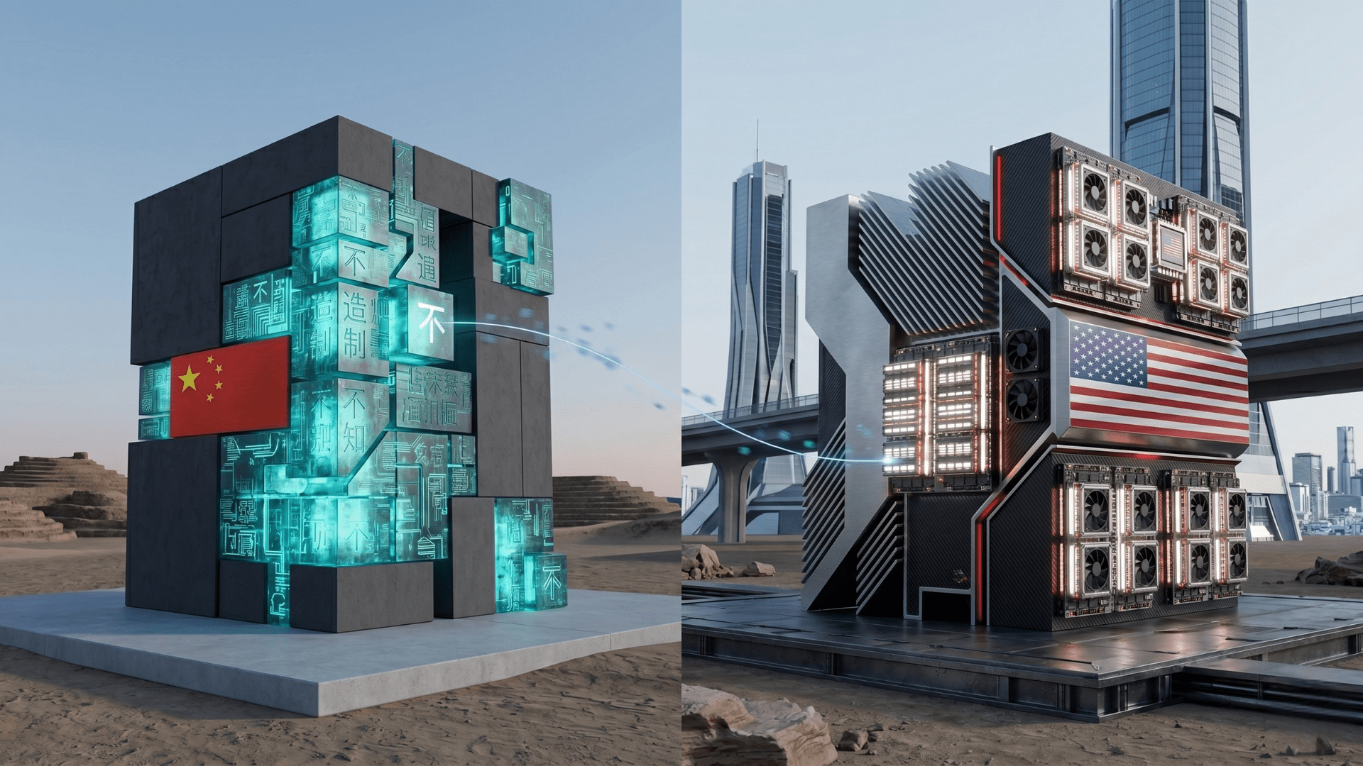 A split-screen diptych contrasting two massive tech installations. On the left, a structure in a desert with ancient ruins, featuring glowing cyan data panels and Chinese flags. On the right, a complex high-performance computer structure with American flags and many cooling fans, in a modern city with skyscrapers. A data cable connects the two sides.