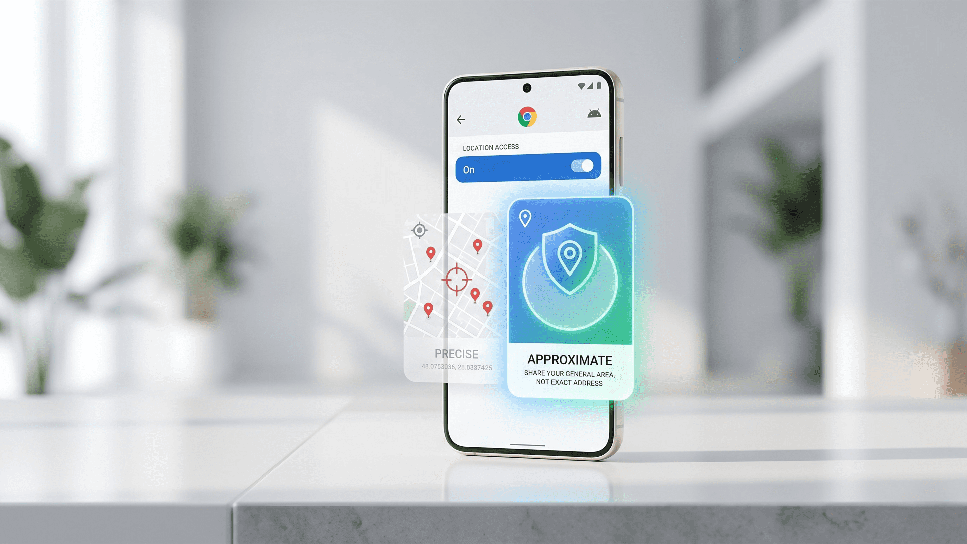 A high-quality editorial 3D render of a smartphone displaying Chrome’s Android privacy settings, highlighting the transition from precise to approximate location sharing with a blue shield icon.