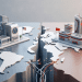A professional, minimalistic 3D editorial image showing two fractured geographical blocks representing the US and China, with severed fibre-optic cables in between and data centres on each surface.