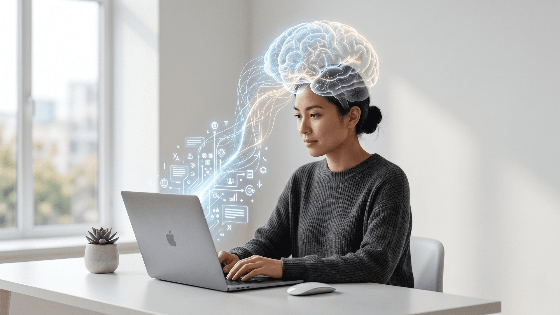 A person working on an Apple laptop with a holographic digital brain interface visualised above them, representing the integration of human cognition and AI.