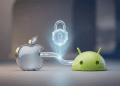 3D rendered Apple and Android icons connected by a secure digital link with a glowing holographic padlock, representing cross-platform end-to-end encryption.