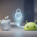 3D rendered Apple and Android icons connected by a secure digital link with a glowing holographic padlock, representing cross-platform end-to-end encryption.