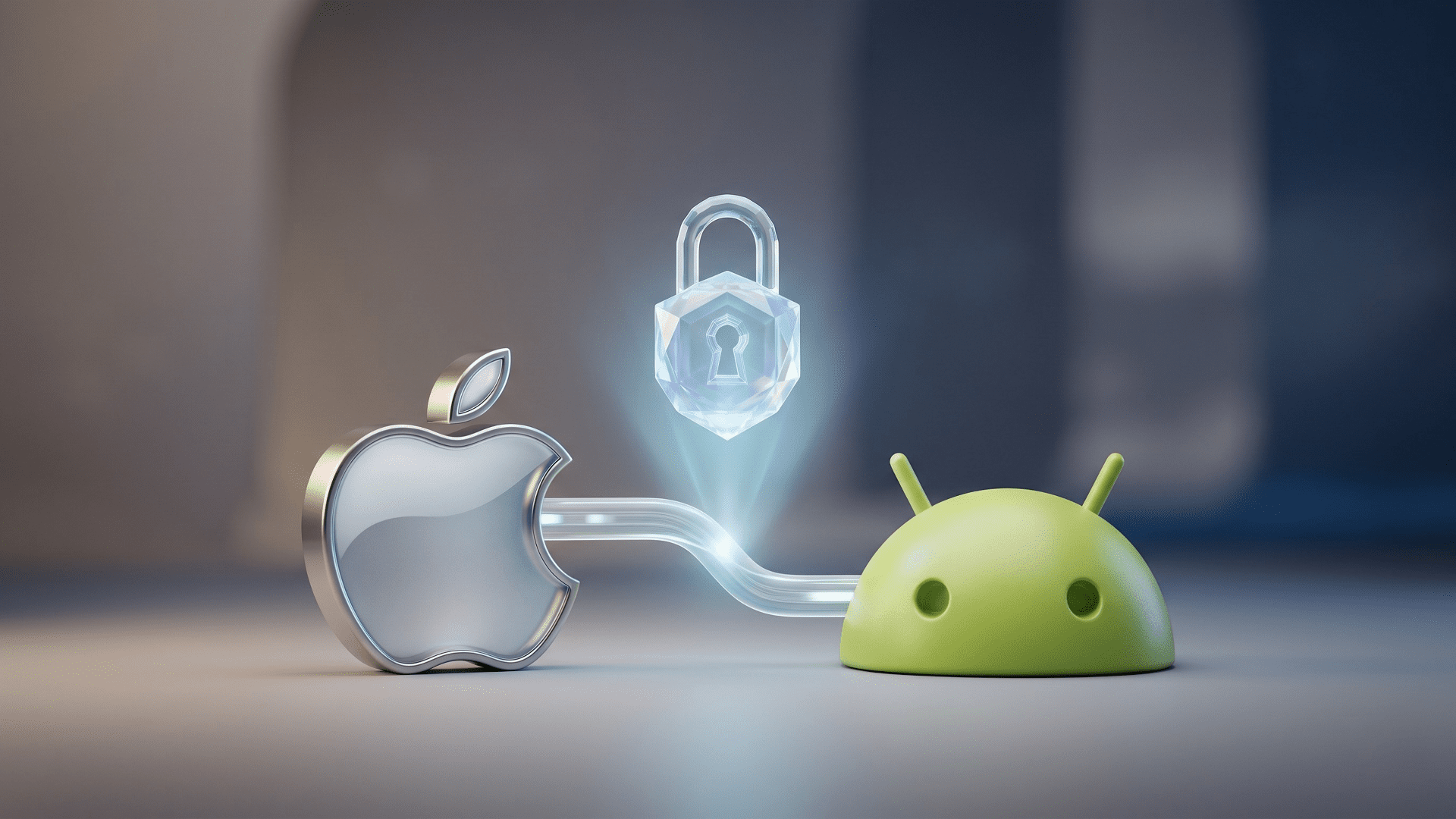 3D rendered Apple and Android icons connected by a secure digital link with a glowing holographic padlock, representing cross-platform end-to-end encryption.