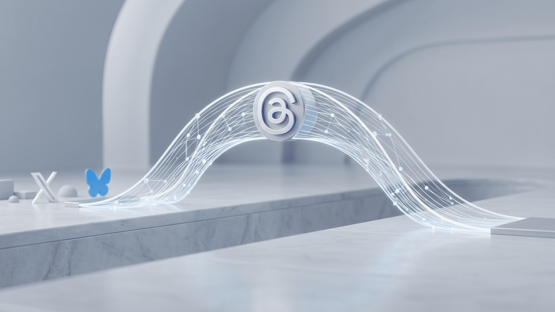 A minimalist 3D editorial photograph showing a glowing bridge made of light threads spanning a chasm. The Threads logo is positioned in the centre of the bridge, with subtle shapes representing the X and Bluesky logos on one side against a clean, light grey background.