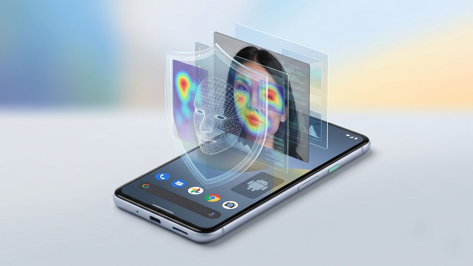 A 3D-style editorial illustration of an Android smartphone on a minimalist background. Holographic layers rise from the screen, showing an analytical wireframe, a facial recognition heatmap overlaying a person's face, and a digital security shield, symbolising Google's real-time deepfake detection technology.