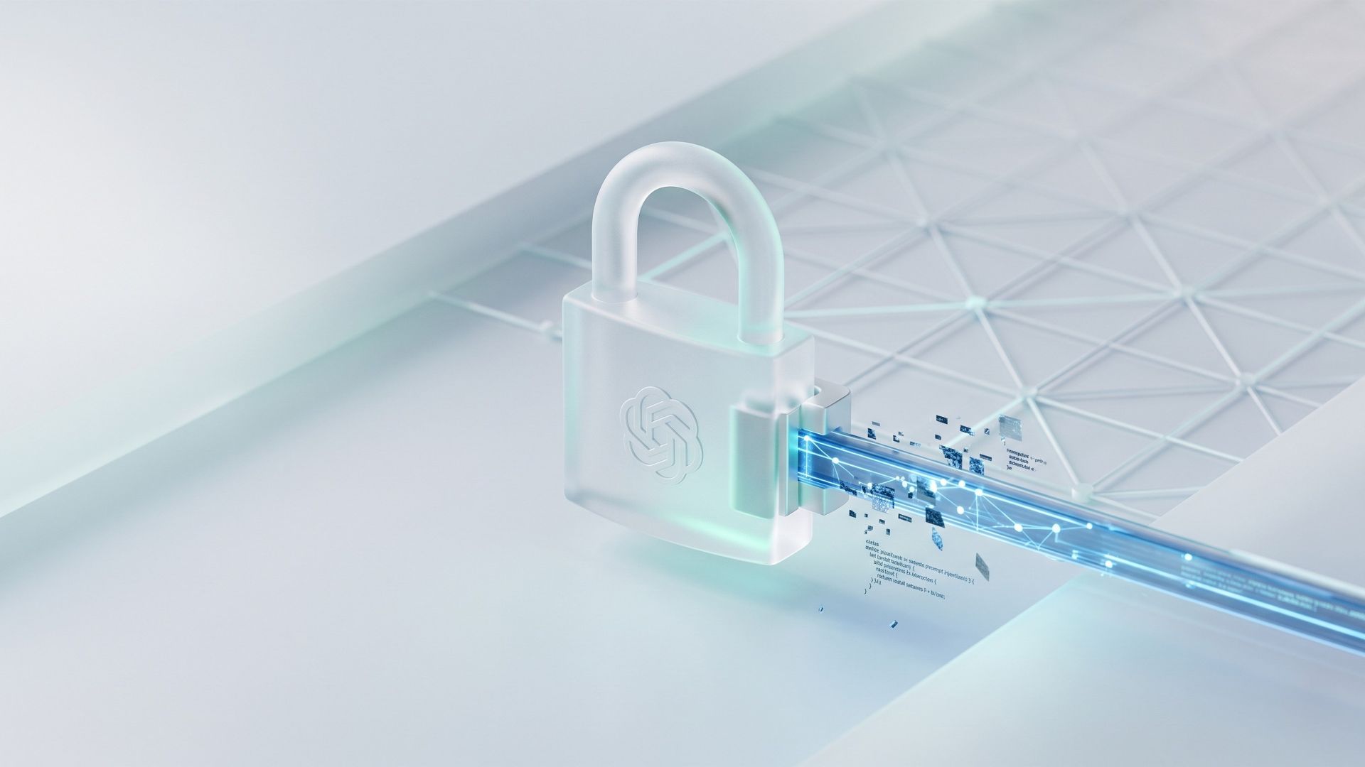 A 3D glass padlock with the OpenAI logo blocking a stream of data fragments on a minimal network background, illustrating ChatGPT Lockdown Mode.