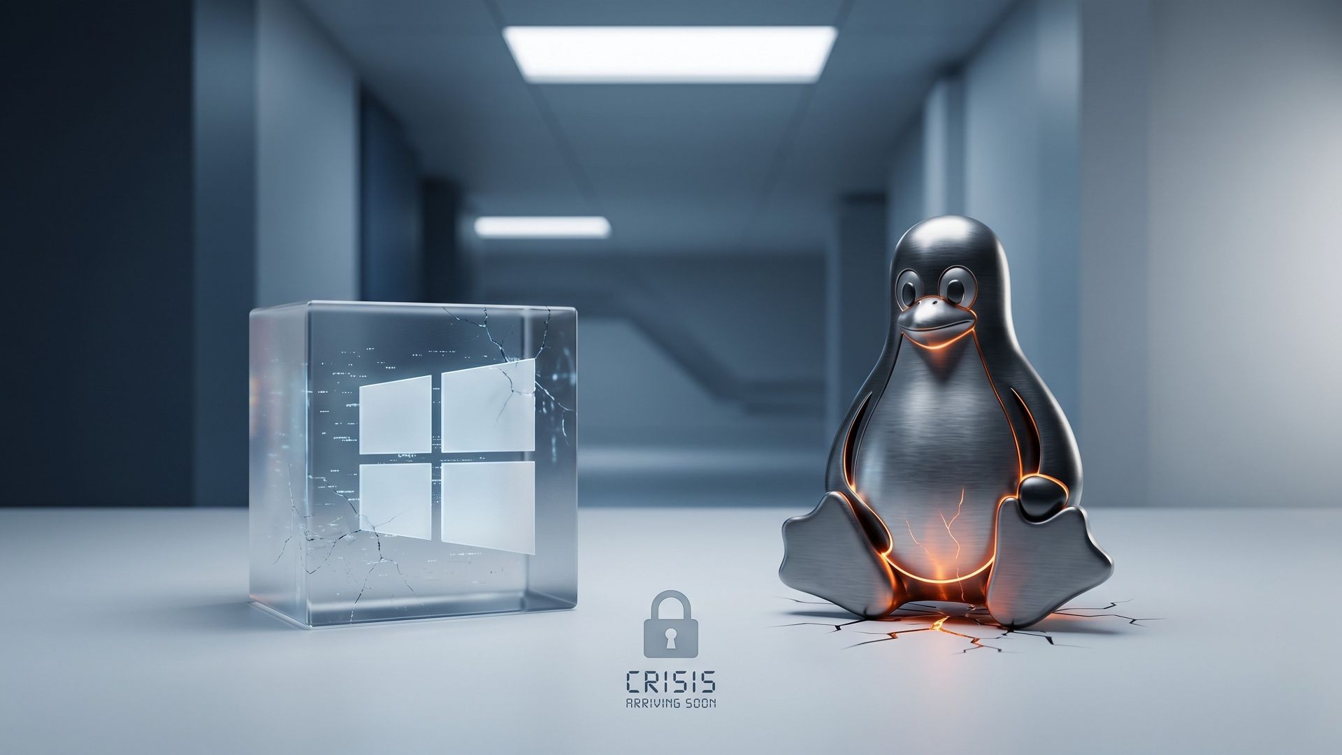 A minimalist 3D editorial graphic representing a Windows and Linux security crisis, featuring a cracked glass Windows cube and a metallic Linux penguin on a fractured surface.