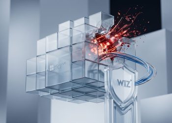 Minimalist 3D render of a frosted glass Microsoft cloud structure with a glowing red vulnerability intercepted by a glass Wiz security shield.