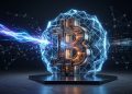 A stylized 3D Bitcoin symbol stands on a platform, protected by a glowing blue digital lattice shield that is deflecting a beam of incoming energy, illustrating cryptocurrency security against quantum threats.