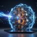A stylized 3D Bitcoin symbol stands on a platform, protected by a glowing blue digital lattice shield that is deflecting a beam of incoming energy, illustrating cryptocurrency security against quantum threats.