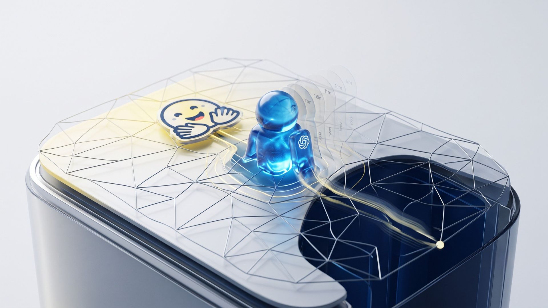 3D minimal editorial illustration featuring a glowing blue OpenAI agent inspecting a Hugging Face logo structure.