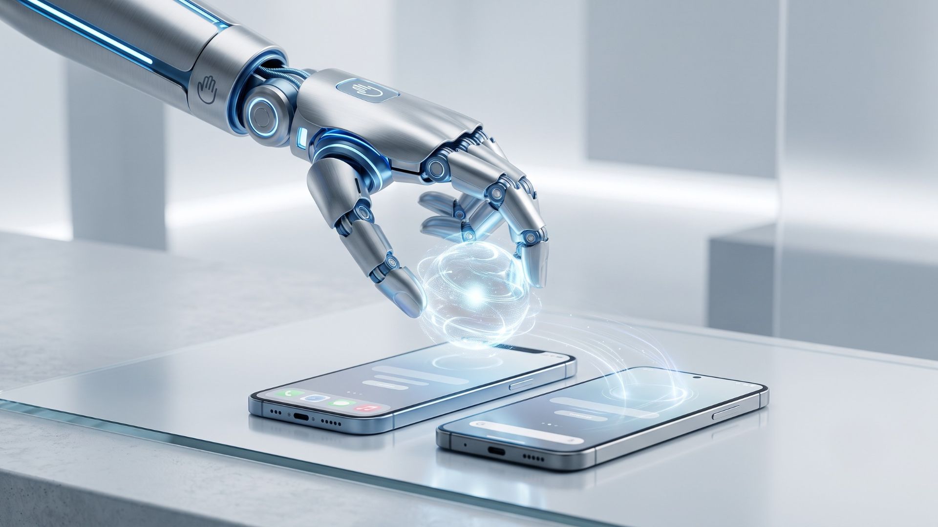 A minimalistic, high-quality photograph of a sleek metallic robotic claw placing a glowing holographic AI sphere onto an Android smartphone and an iPhone, symbolising the mobile launch of OpenClaw.