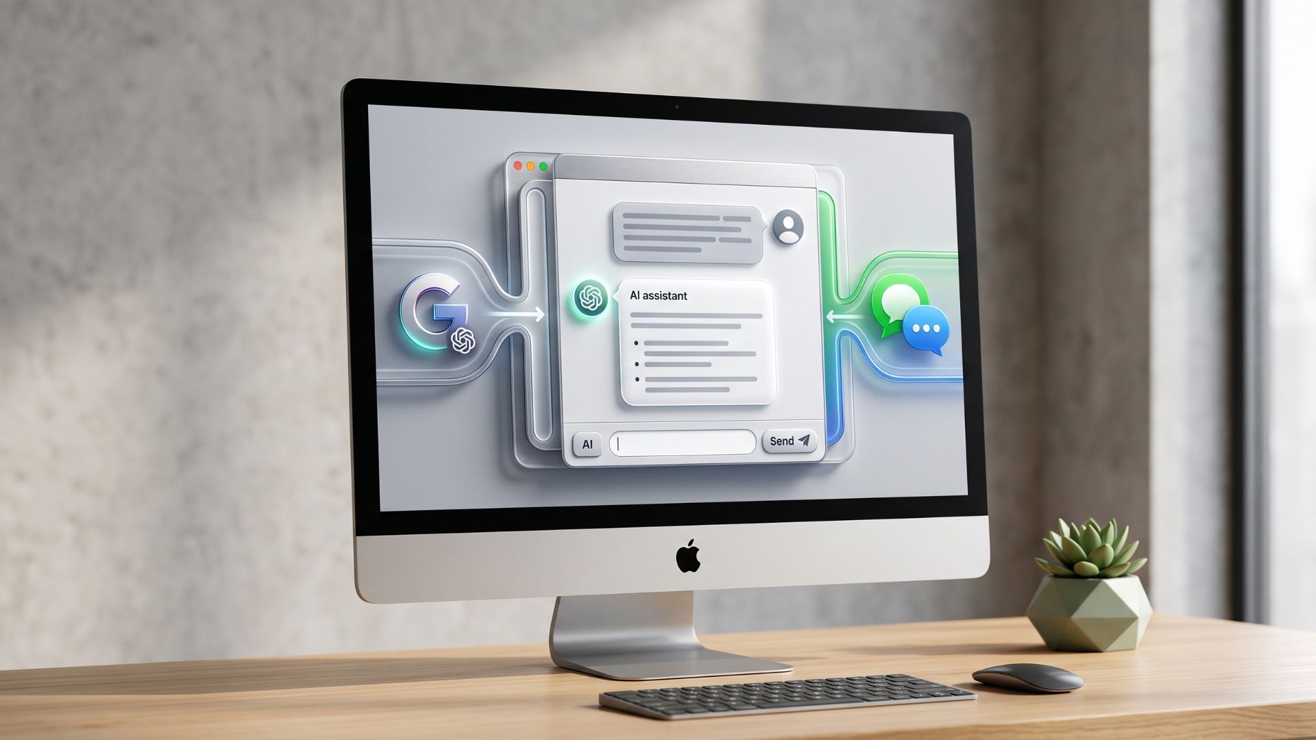 3D minimalist editorial illustration of an Apple Mac desktop showing ChatGPT integration with the Apple Messages application interface.