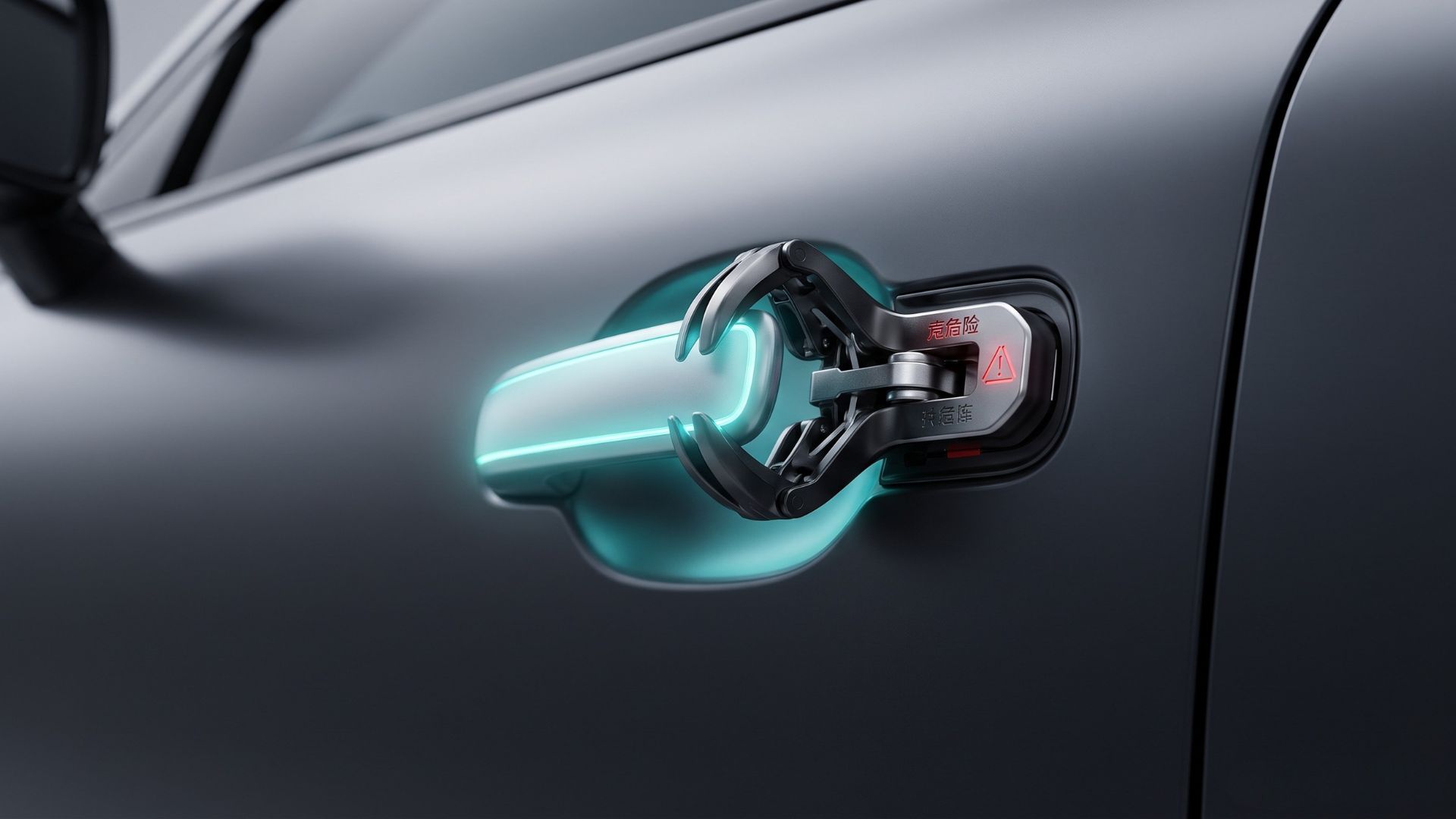 Futuristic electric vehicle door handle trapped in a mechanical clamp mechanism, representing China’s multi-automaker EV smart latch recall.