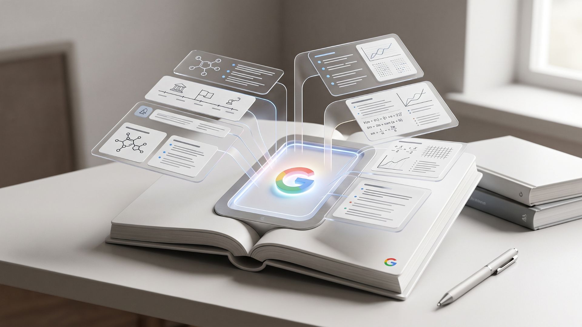 Editorial 3D concept of an open book projecting holographic diagrams and study aids above a glowing Google logo on a minimal white desk.