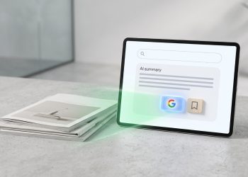 Minimalist 3D editorial visual of a digital tablet showing a Google search AI summary interface alongside a stack of printed magazines on a concrete desk.