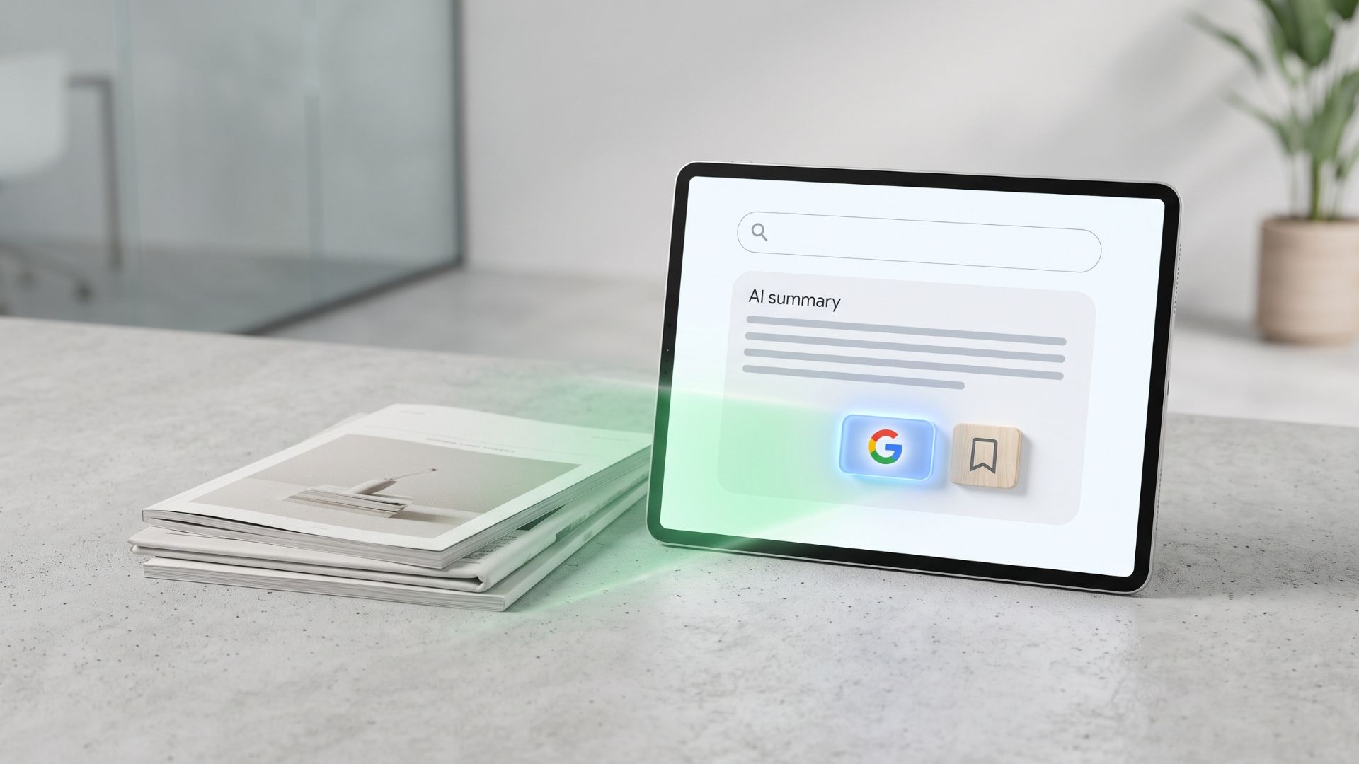 Minimalist 3D editorial visual of a digital tablet showing a Google search AI summary interface alongside a stack of printed magazines on a concrete desk.