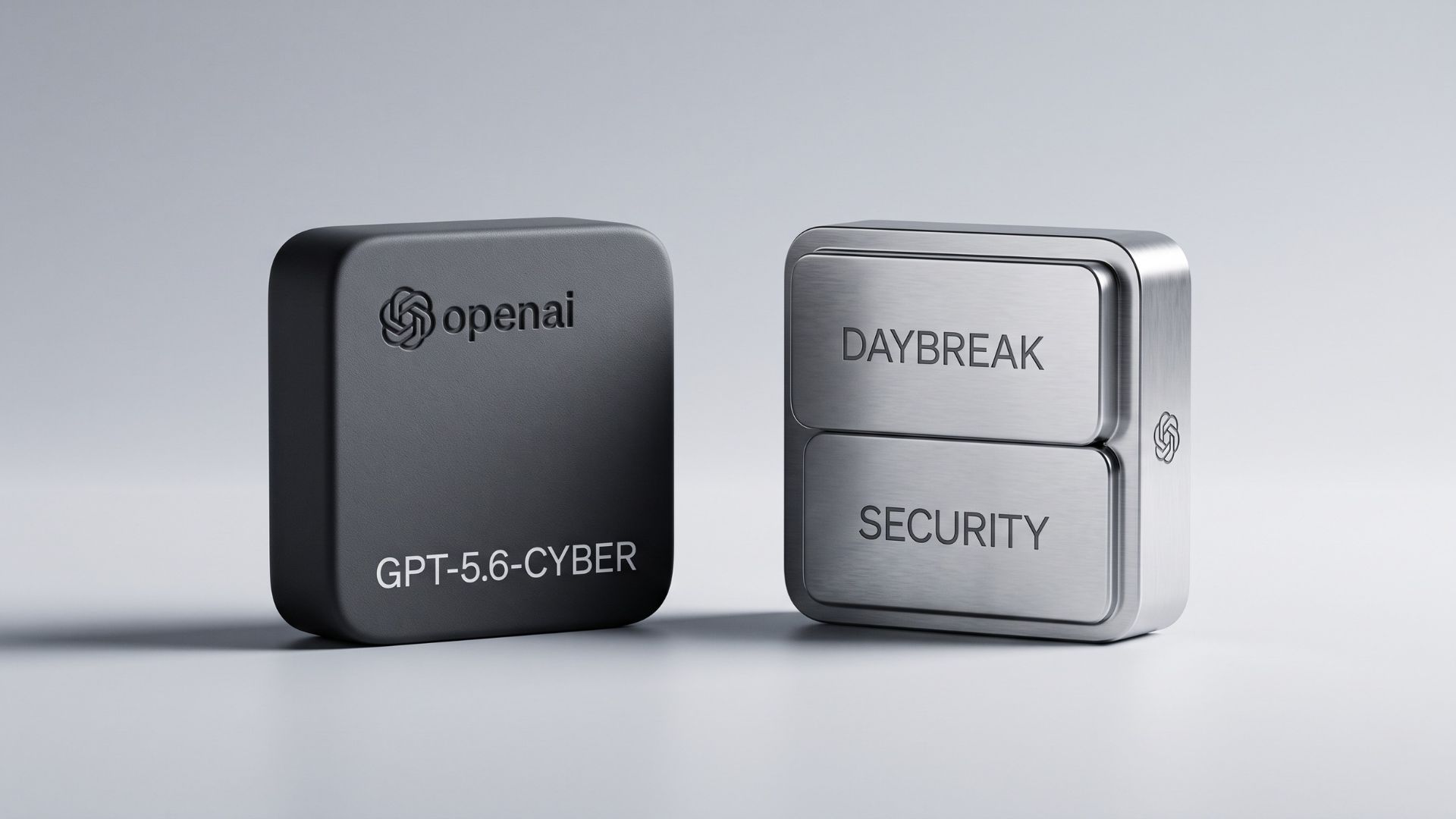 3D minimalist photographic depiction of OpenAI GPT-5.6-Cyber and the two-tier Daybreak Security Program represented by sleek metallic modules.