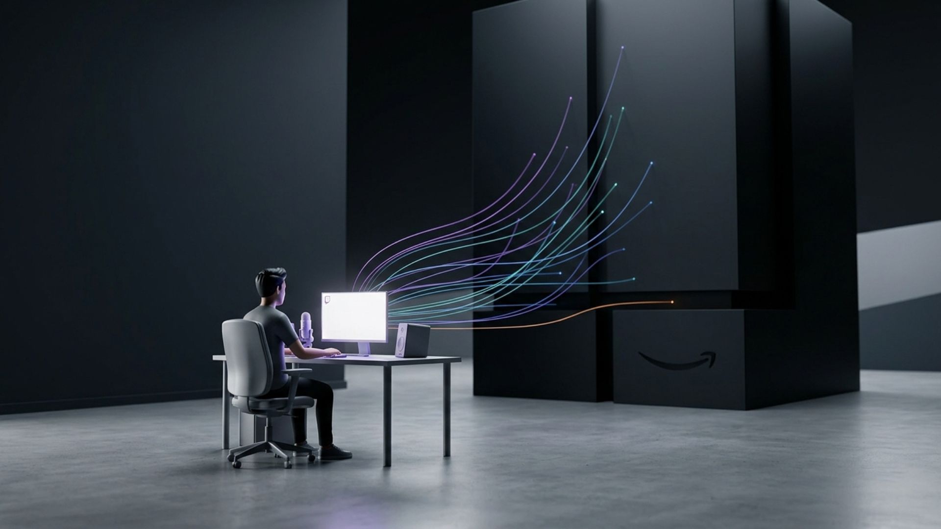 A 3D illustration of a live streamer at a desk with glowing data streams siphoned from the monitor into a massive black Amazon server block, symbolising Twitch AI data harvesting.