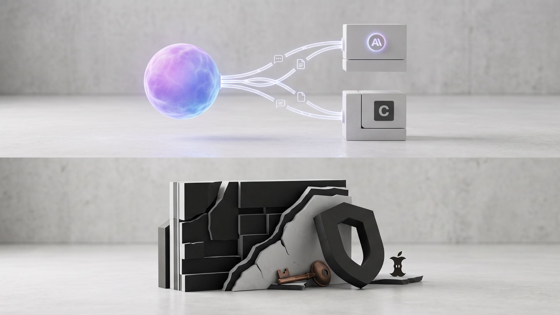 Minimalist 3D render illustrating unified AI memory above a fractured security wall with an apple core and key, representing tech disputes between OpenAI and Apple.