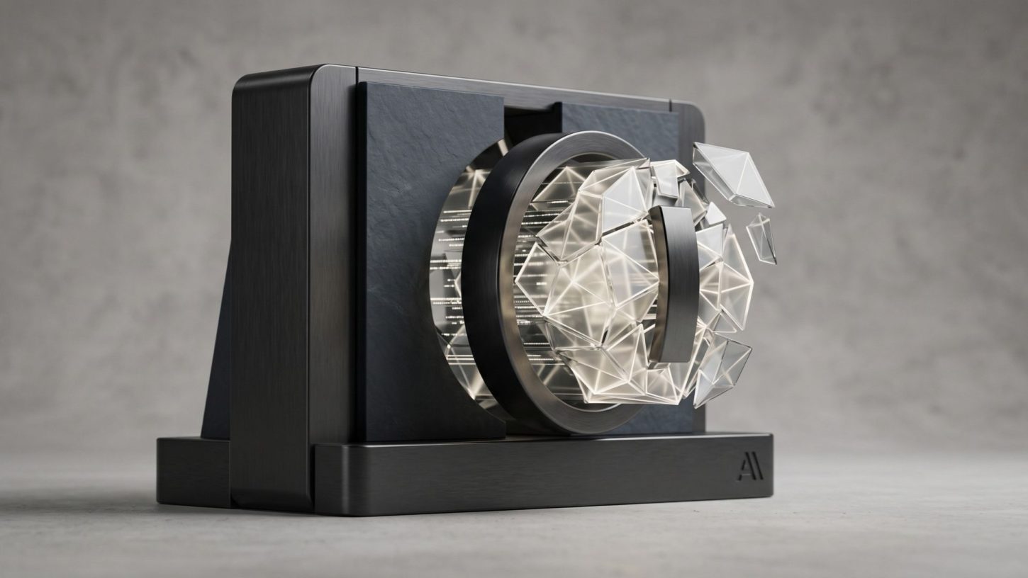 Minimalist 3D concept visual of a mechanical vault mechanism encasing a glowing, fractured geometric core, representing AI alignment and industry slowdown risks.