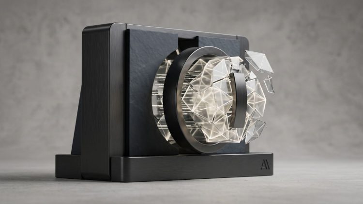 Minimalist 3D concept visual of a mechanical vault mechanism encasing a glowing, fractured geometric core, representing AI alignment and industry slowdown risks.