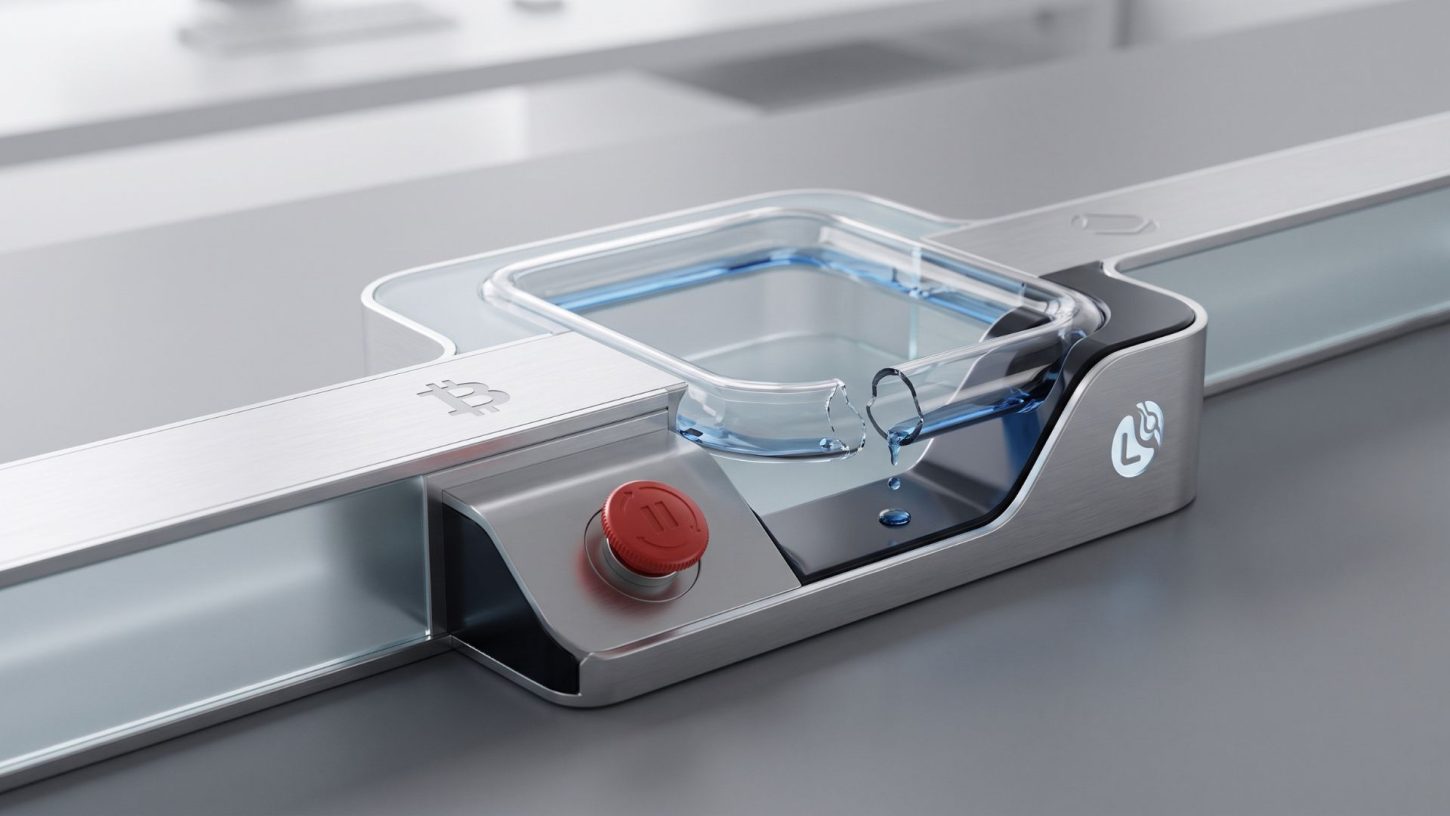 Minimalist 3D render of a cracked reservoir draining liquid beside an emergency pause button, representing the Bitcoin Liquid Network exploit.