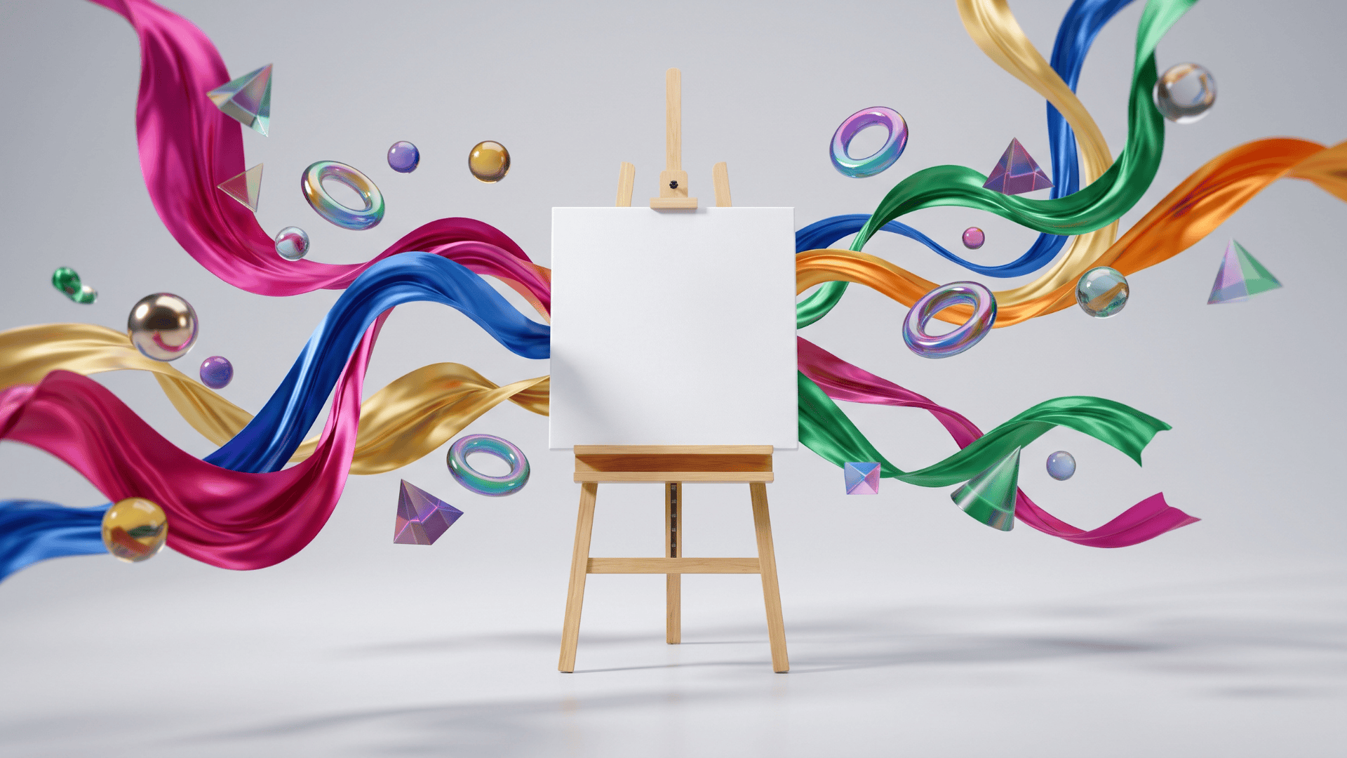 Blank artist easel surrounded by dynamic, colourful 3D ribbons and floating geometric forms, representing Canva Craft native image generation.