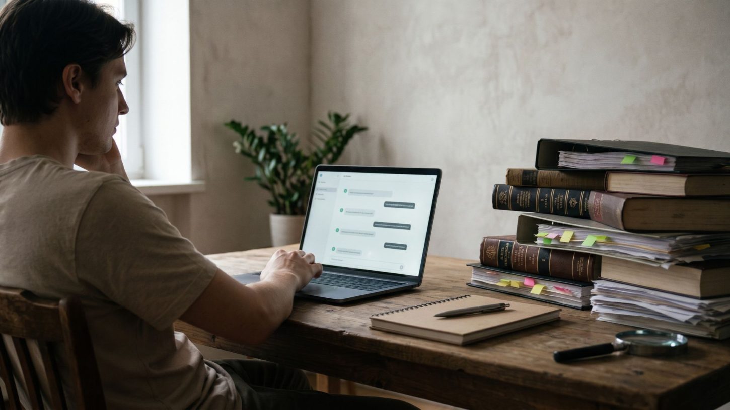 Person working on a laptop displaying an AI chat interface beside a tall, untouched stack of research books and verification folders.