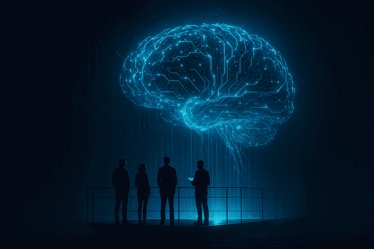 Futuristic glowing AI brain made of digital circuitry hovering above a platform as researchers observe its expanding power, symbolizing the risks of unprepared AGI development.