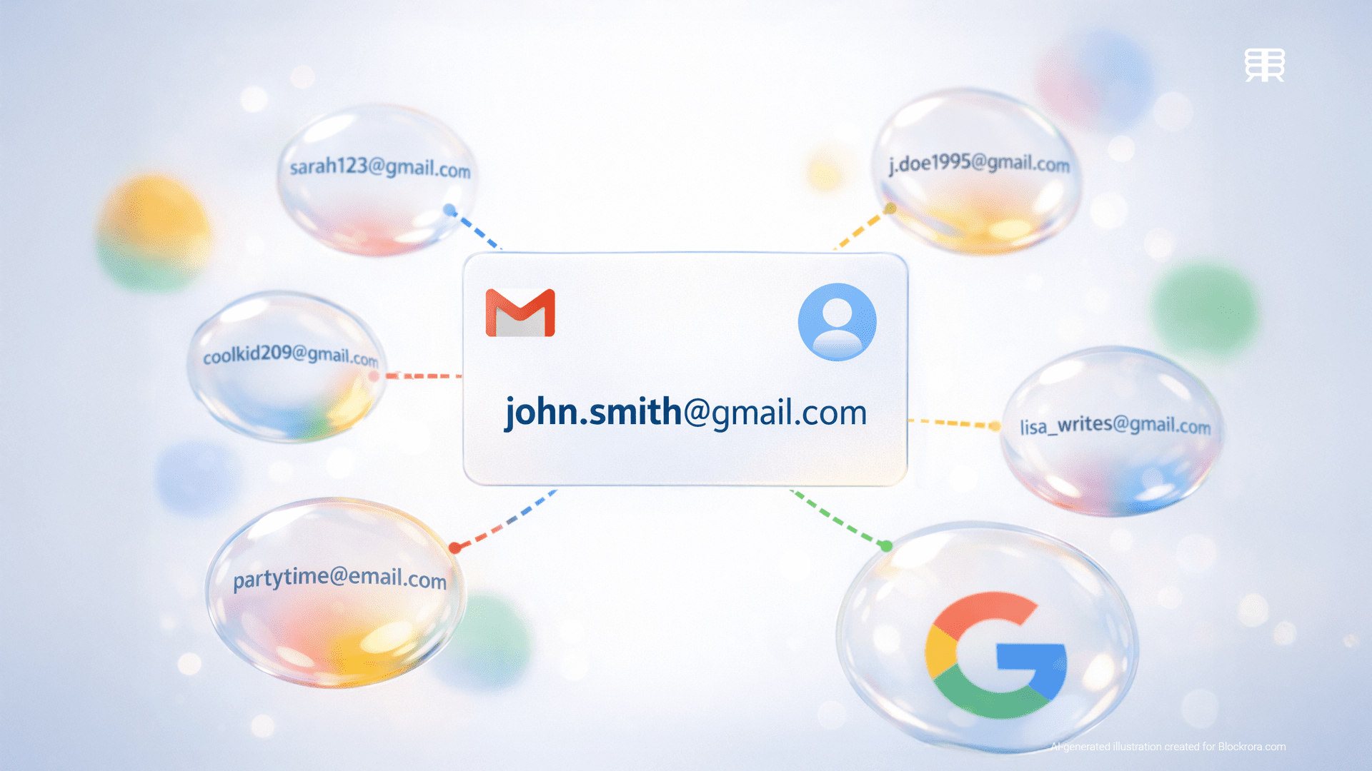 AI-generated illustration showing a Gmail account profile connected to multiple email address aliases, representing Google’s planned Gmail address change feature without data loss.