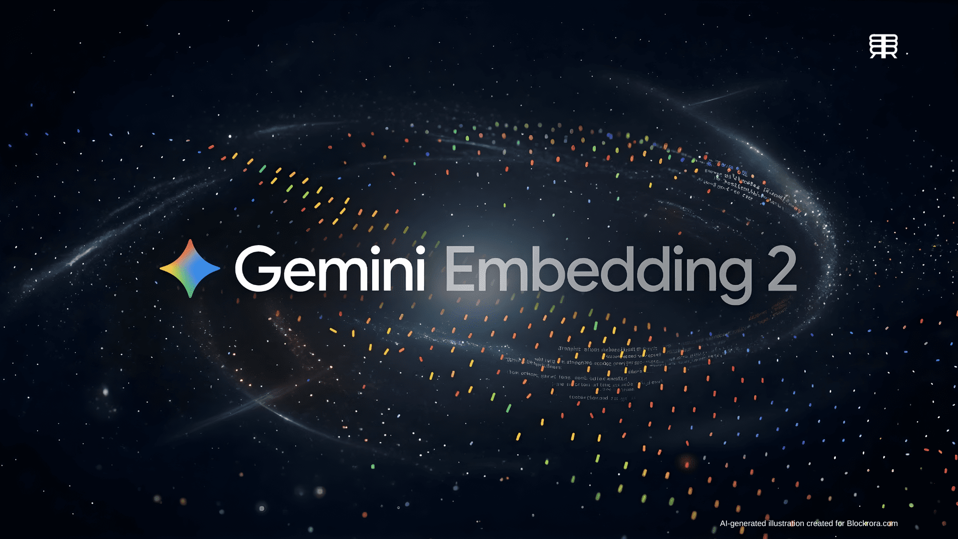 Gemini Embedding 2 logo featuring the multi-colored gradient star icon and text on a dark background with data stream accents.