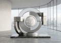 A minimalist 3D architectural sculpture featuring the Tether logo at the centre, interlocking with symbols for the Pound, Euro, and Yen in a clean, modern office setting.