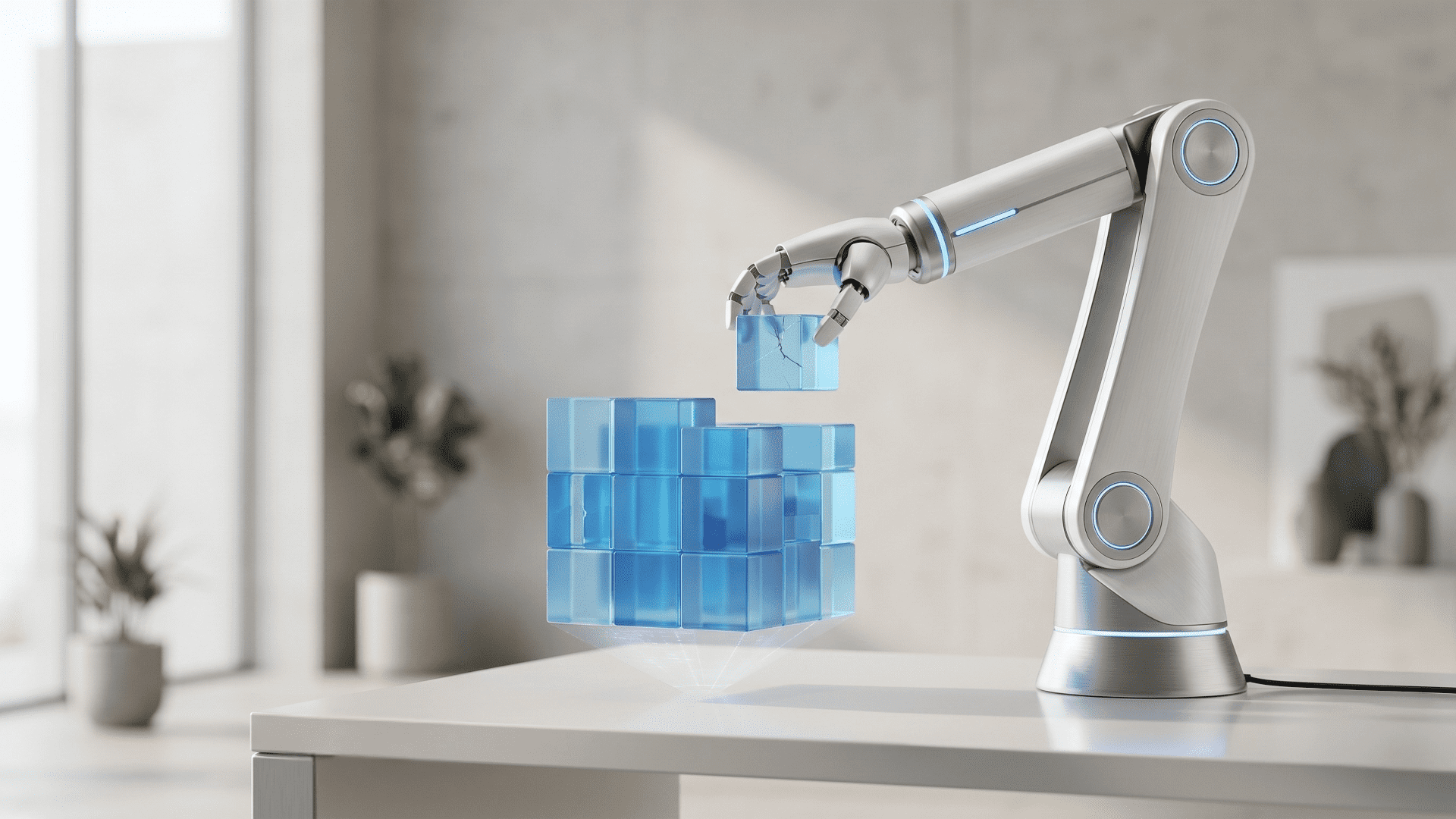 A minimalist editorial photograph of a sleek robotic arm placing a cracked, translucent blue digital cube onto a holographic structure, symbolising AI fabricating task executions.