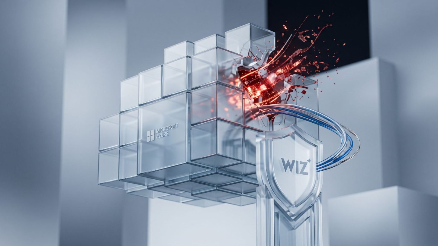 Minimalist 3D render of a frosted glass Microsoft cloud structure with a glowing red vulnerability intercepted by a glass Wiz security shield.