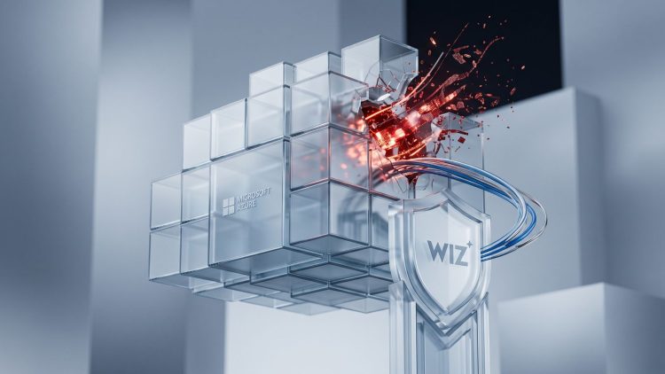 Minimalist 3D render of a frosted glass Microsoft cloud structure with a glowing red vulnerability intercepted by a glass Wiz security shield.