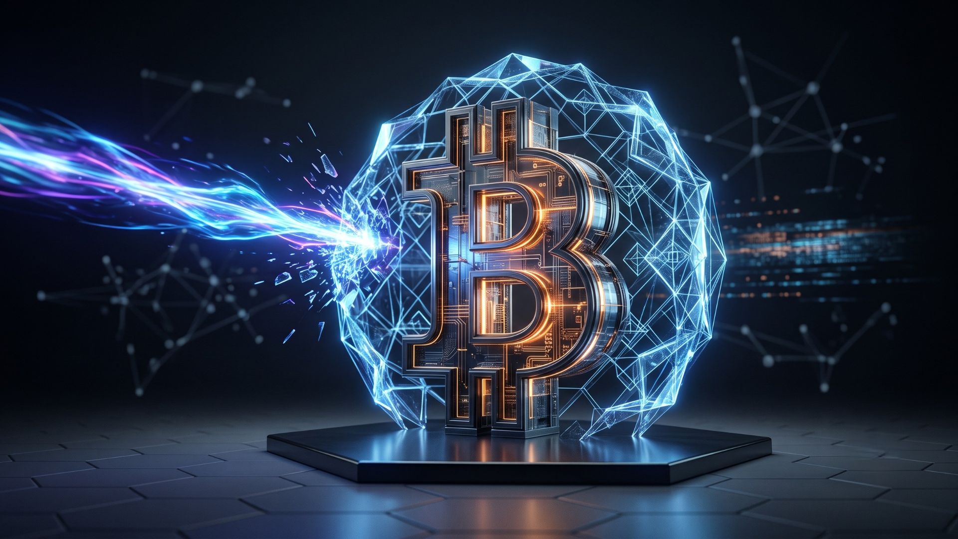 A stylized 3D Bitcoin symbol stands on a platform, protected by a glowing blue digital lattice shield that is deflecting a beam of incoming energy, illustrating cryptocurrency security against quantum threats.