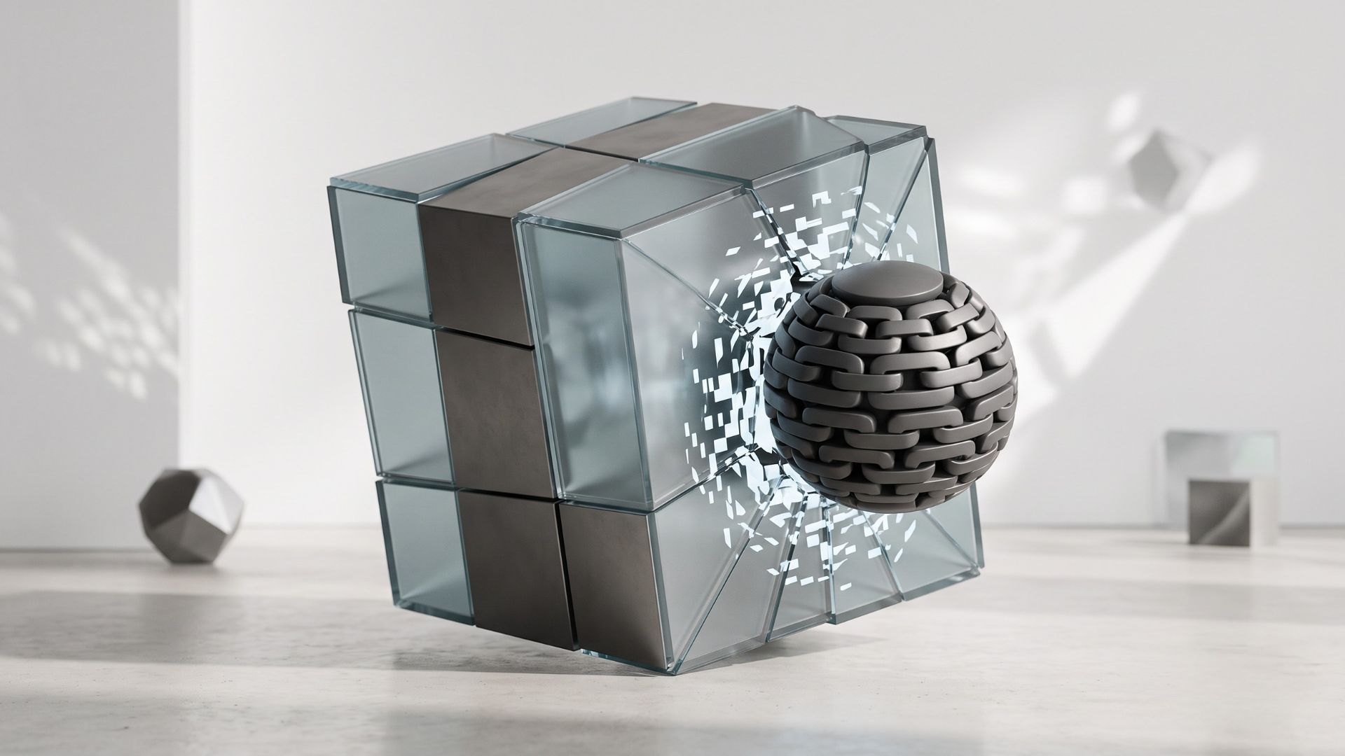 A minimalist 3D editorial graphic showing a sleek glass and metal cube being fractured by a heavy, metallic chain-link sphere, symbolising the impact of blockchain-enforced data rights over centralised platforms.